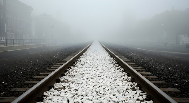 Eerie railroad track disappearing into dense fog, creating a sense of mystery