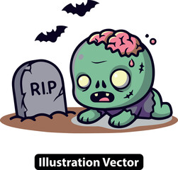 Cute cartoon baby zombie crawling from the grave in a spooky cemetery with bats. Halloween vector.