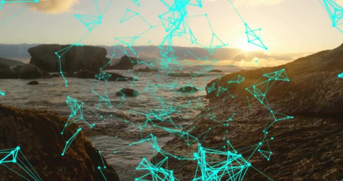 Glowing cyan nodes drifting from frame edges, linking into pulsing mesh mapping data connectivity