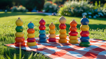 Wooden stacking toys in a garden picnic setting create natural learning moments during outdoor play