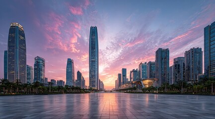 Obraz premium City skyline at dawn, reflecting on a vast plaza