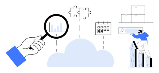 Hand holding magnifying glass examining cloud data, puzzle piece, calendar, boxes, and person searching. Ideal for data analytics, planning, supply chain, technology search teamwork simple flat