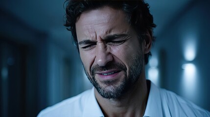 Obraz premium Painful movement with body imbalance concept. Man experiencing deep emotional distress in a dimly lit hallway.