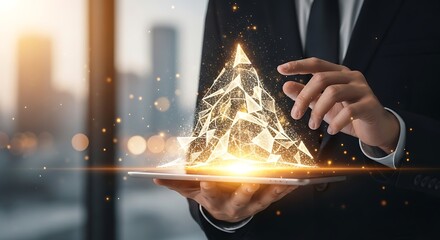 Businessman with tablet displaying a glowing golden polygonal pyramid of abstract data over city bokeh.