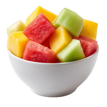 A vibrant bowl of freshly cut mixed fruit salad featuring juicy watermelon, cantaloupe, and honeydew melon chunks