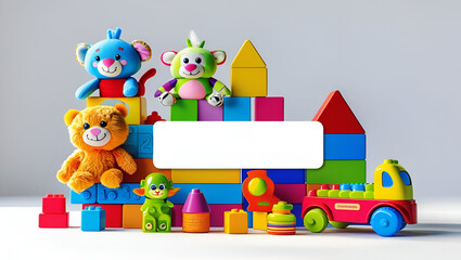 Naklejka premium Stack of colorful toys with white label space prepared for ecommerce listings and visual merchandising