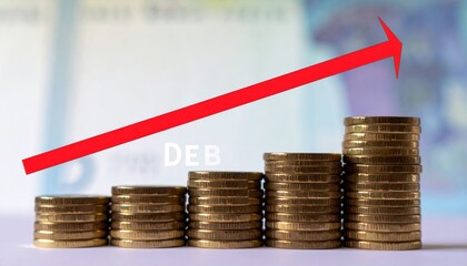Coins stacked in increasing height with a red arrow