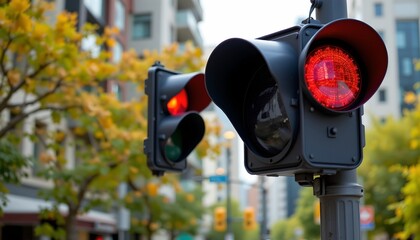 this is an urban scene featuring a traffic light at an intersection with multiple red lights illuminated against a backdrop of buildings and trees