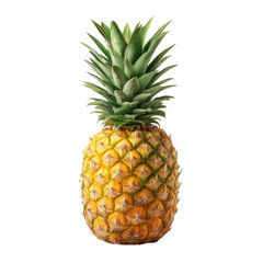 Fototapeta premium A fresh, ripe whole pineapple with a vibrant yellow skin and green leafy crown, isolated on a clean white background.