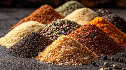 Assorted spice piles on dark surface