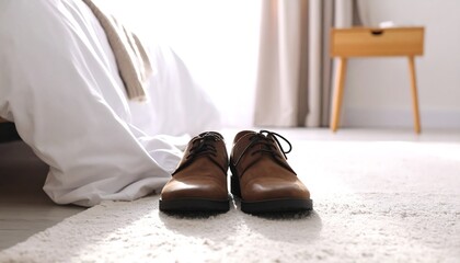 Brown leather shoes on bedroom rug