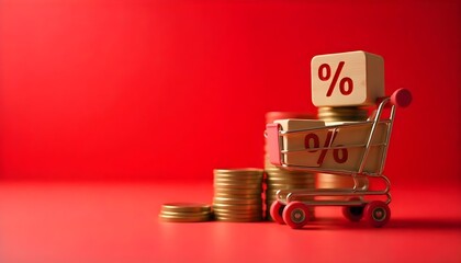 Shopping cart with coins and a percent sign on a vibrant red background, illustrating discounts for Cyber Monday and holiday shopping