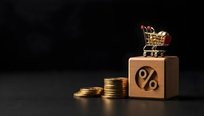 Toy shopping cart filled with coins on a black background, symbolizing online shopping and holiday sales