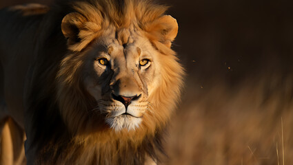 Fototapeta premium Majestic male lion with a golden mane illuminated by the warm glow of the setting sun in the african savanna looking directly at the camera with intense eyes