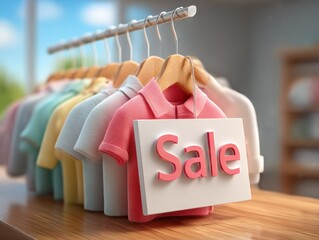 Colorful clothing on hangers with a sale sign