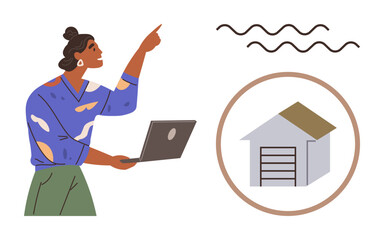 Woman holding laptop while pointing towards curved lines near a house icon. Ideal for concepts thumbs up wireless connection, home automation, communication, technology, network, innovation, simple