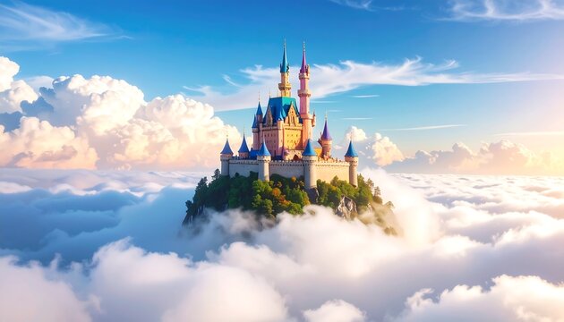 Fairytale castle perched atop a cloud-covered mountain peak, bathed in warm sunlight