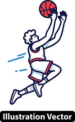 Dynamic basketball player jumping for a layup shot in a line art vector illustration