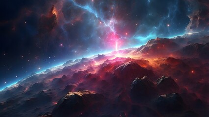 A glowing cosmic ray splitting through a dense nebula. Cinematic theme, HDR, Vibrant