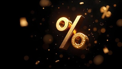 Bright gold percentage sign on a black surface, indicating discounts for e-commerce events such as Black Friday and Cyber Monday