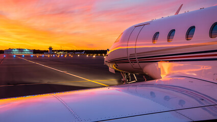 Private jet parked on airport tarmac at sunset with vibrant orange and pink sky airplane aircraft