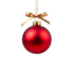 Minimalist Red Christmas Ball Hanging from Gold String with Subtle Sparkle, Side Perspective