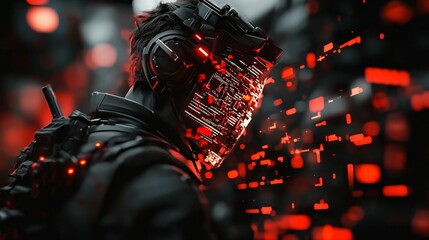 Futuristic figure with glowing tech headpiece, urban backdrop