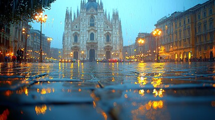 Fototapeta premium Rainy Evening in Milan with Reflections of Duomo Cathedral Lights