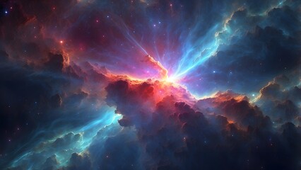 A glowing cosmic ray splitting through a dense nebula. Cinematic theme, HDR, Vibrant