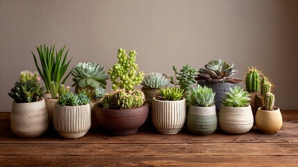 Obraz premium Diverse Collection of Potted Succulents and Cacti on Wooden Surface