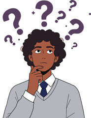 Young thoughtful man with question marks above head thinking deeply, problem solving, decision making, confusion concept vector illustration