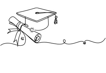 Continuous line drawing of Graduation Cap and Diploma ,Coloring Page , on a white background