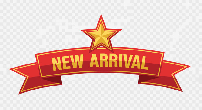 New arrival promotion banner with golden star and red ribbon design for special offers and announcements