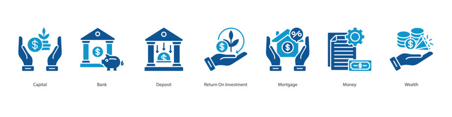 Asset Growth banner web icon set vector illustration concept with icon of capital, bank, deposit, return on investment, mortgage, money, wealth