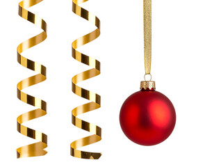 Reflective Red Ornament Hanging Beside Gold Ribbon Streamer, Dual Element Composition
