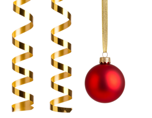 Reflective Red Ornament Hanging Beside Gold Ribbon Streamer, Dual Element Composition