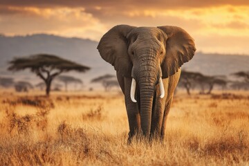 Obraz premium Majestic Elephant in Golden Sunset Savanna