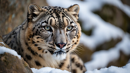 Obraz premium Majestic snow leopard portrait in snowy mountain habitat with intense gaze and spotted fur detail