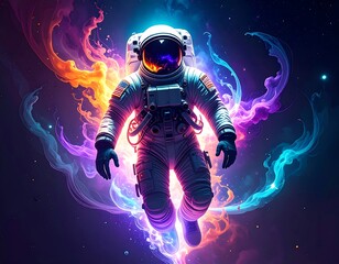 Astronaut in vibrant cosmic nebula