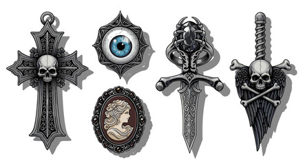 Gothic jewelry set skull cross cameo eye dagger wings pendants charms vector design illustration