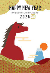 2026年午年の午と富士山と和柄の年賀状/縦02