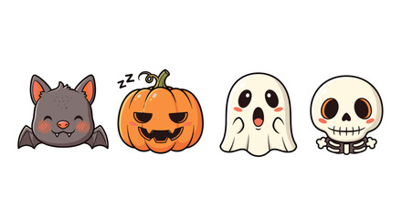 Fototapeta premium Cute halloween characters illustration bat pumpkin ghost and skeleton vector design for holiday season