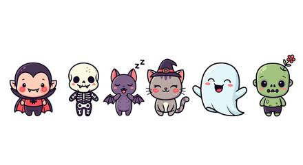 Cute halloween characters vector illustration vampire skeleton bat cat ghost zombie kawaii clip art drawing