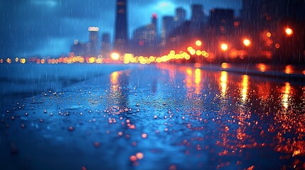 Urban Cityscape at Night with Rain and Reflections in Puddles