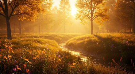 A sunlit scene of a meadow with a small stream flowing through it and trees in the background