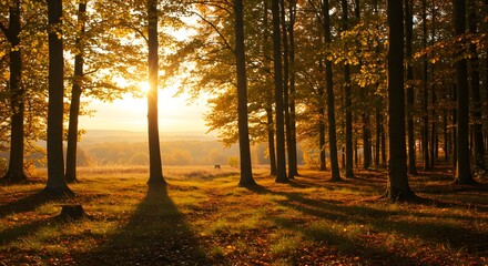 Obraz premium Sunlight shining through trees in a forest with autumn leaves covering the ground at sunset or sunrise
