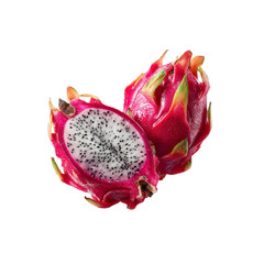 Fresh Juicy Dragon Fruit Halved and Whole on Black Background
