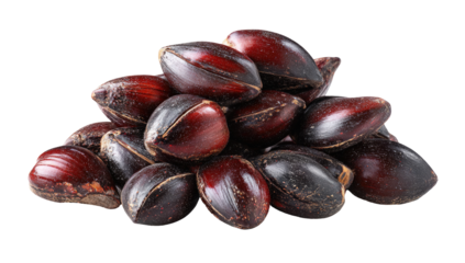 Pile of dark reddish-brown seeds, oval-shaped, clustered densely