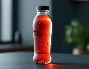 A clear plastic bottle filled with a red liquid, condensation droplets covering its surface, stands on a dark surface.