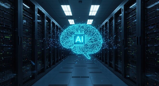 Artificial intelligence brain in data center server room with network connection